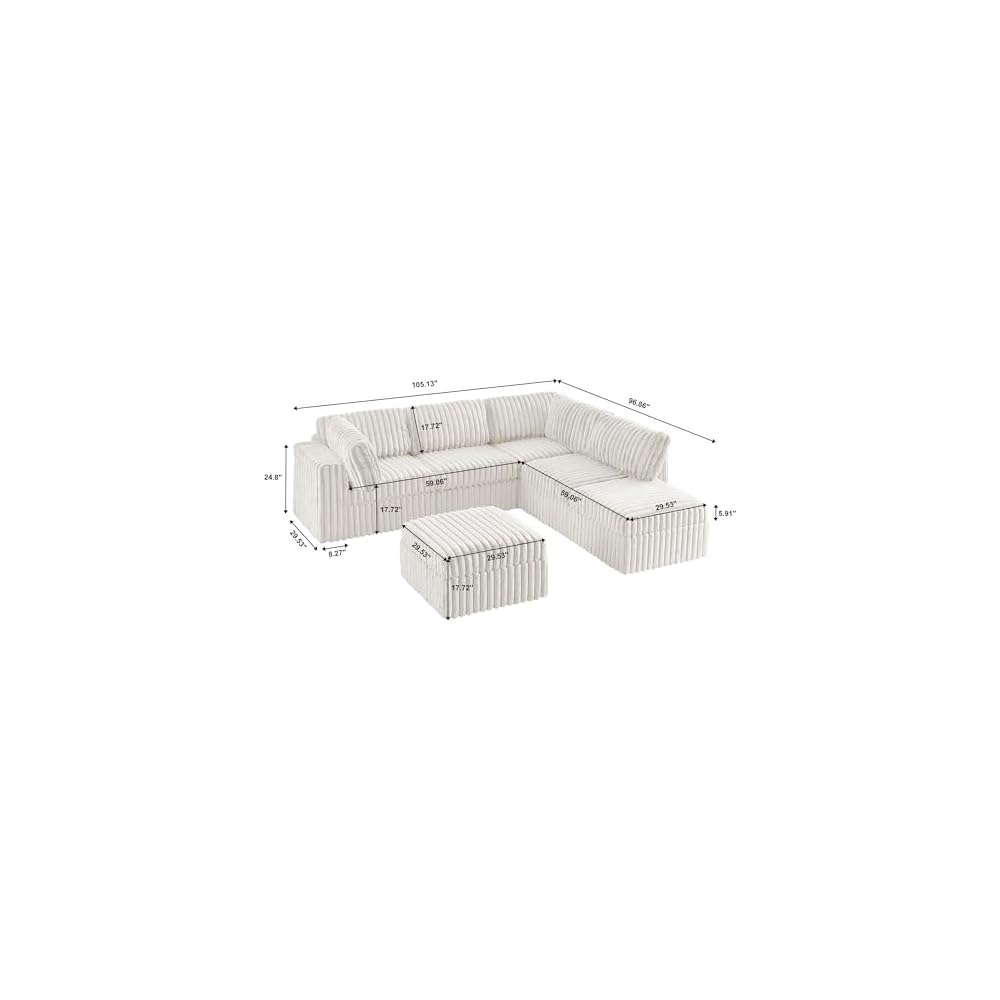Corner Modular Sectional Sofa Set, Plush Faux Rabbit Fur Convertible L Shaped Couch with Storage, 6 Seater Corduroy Sofa Modular with Ottomans and Reversible Chaise for Living Room, Office (White)