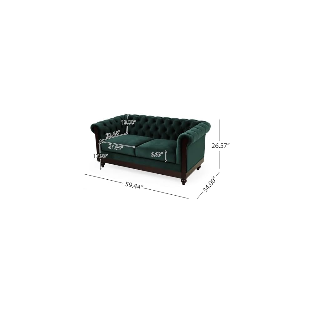 Forest Green Velvet Loveseat Sofa, Chesterfield Rolled Arm Tufted Couch with Sturdy Pine Frame for Living Room, Bedroom & Small Spaces
