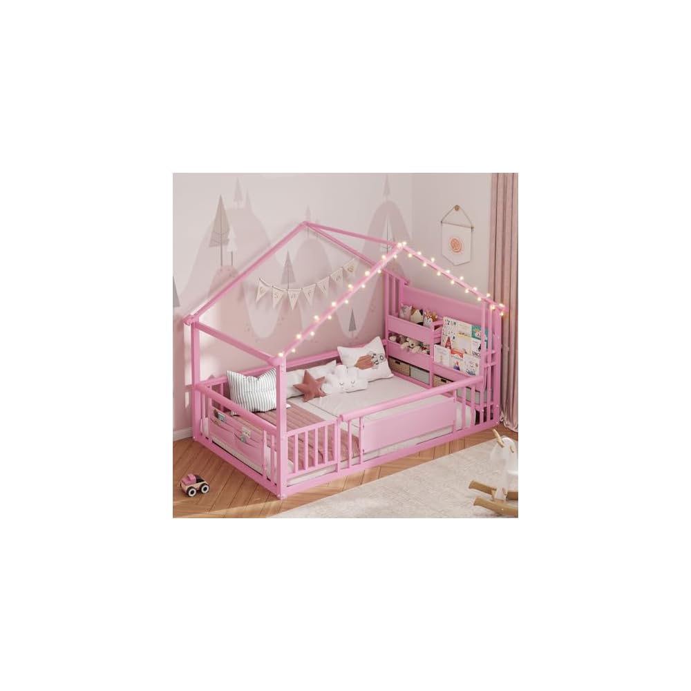 DICTAC Twin Floor Bed with Storage Bookshelf and Globe String Lights House Montessori Floor Bed for Girls with Safety Guardrail,Side Storage Pockets & Solid Wood Slats,Twin Size Girls Floor Beds,Pink