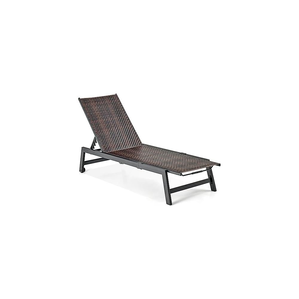 GIANTEX Patio Chaise Lounge Chair - Outdoor PE Rattan Recliner Chair with Wheels, 5-Position Adjustable Backrest, Steel Frame, Wicker Tanning Chair for Deck, Poolside, Yard, Beach Sunbathing Chair(1)