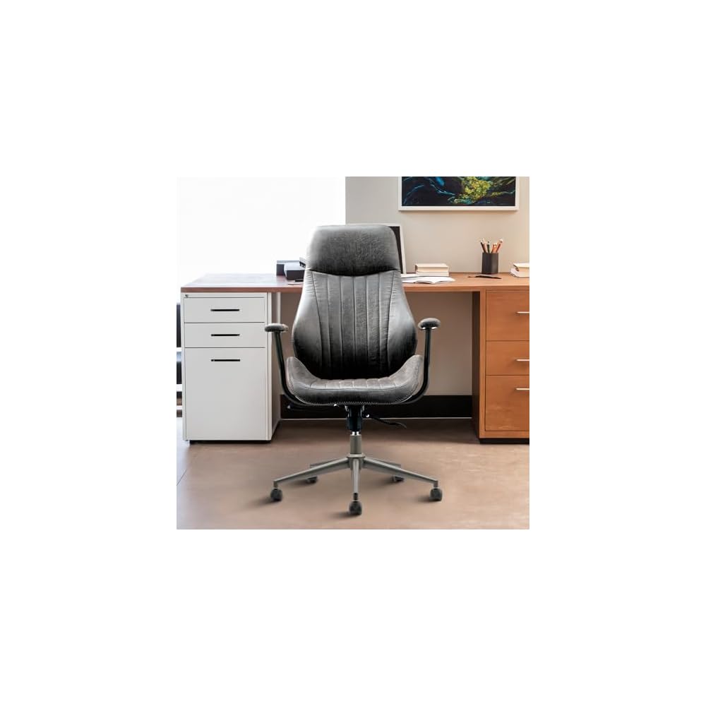 Mid Century Modren Office Chair - Fuax Leather Suede Brown Executive Chairs Ergonomic Mid Back with Lumbar Support, Swivel Computer Desk Task Chair with Wheels for Home Office (Grey, Hign Back)
