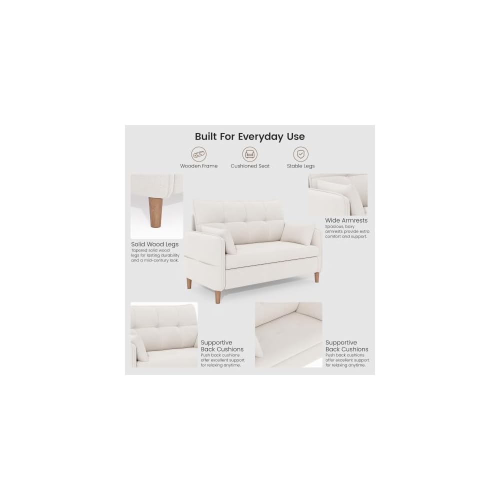 47" Chenille Loveseat Sofa, 2-Seater Couch with 2 Pillows, Off‑White