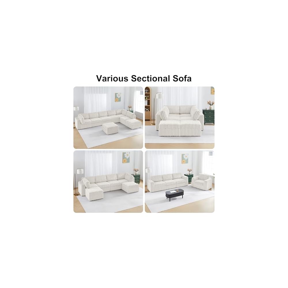 Corner Modular Sectional Sofa Set, Plush Faux Rabbit Fur Convertible L Shaped Couch with Storage, 6 Seater Corduroy Sofa Modular with Ottomans and Reversible Chaise for Living Room, Office (White)