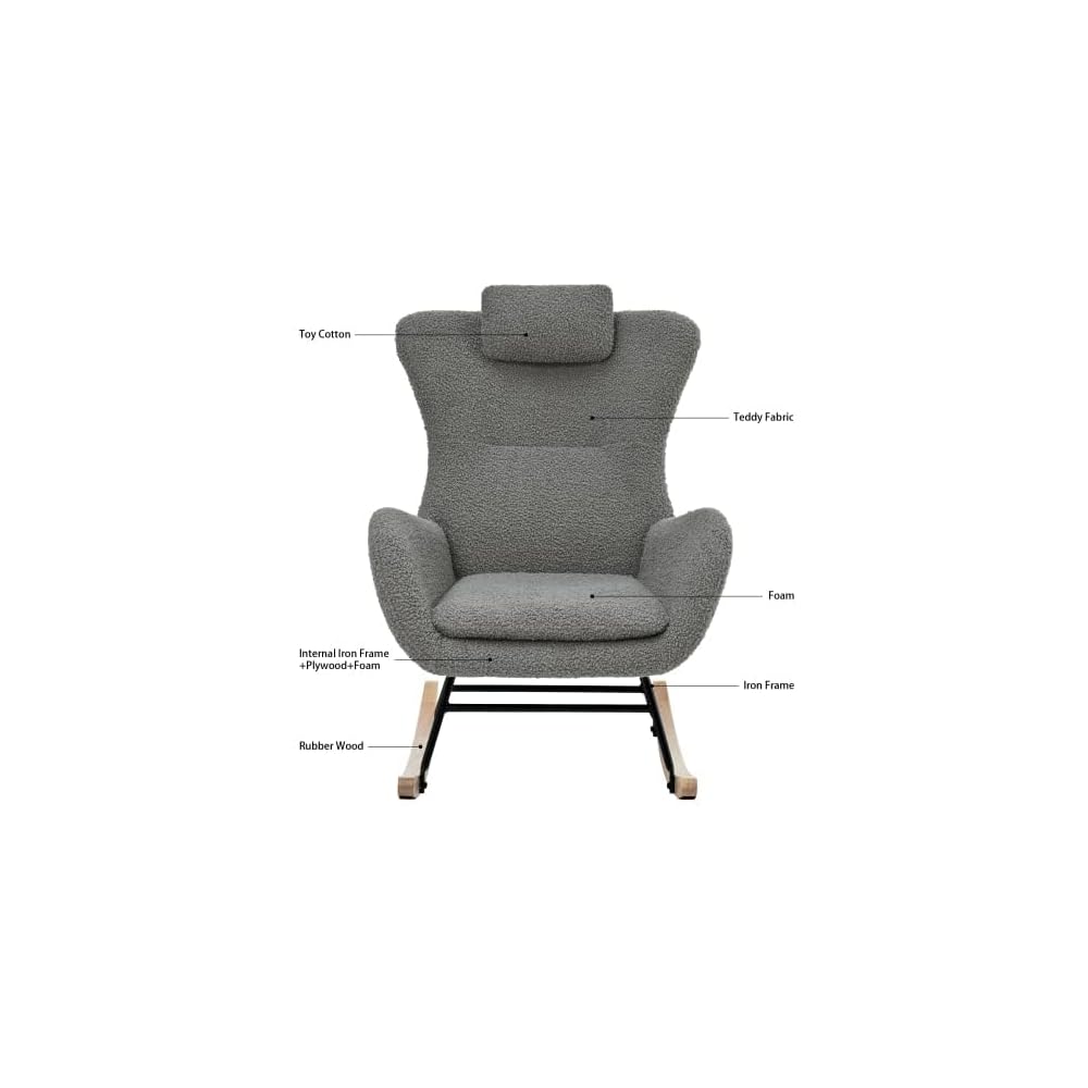 Rocking Chair Upholstered Glider Rocker Rocking Accent Chair Modern Lazy Chair Ergonomic Design 220 LBS Load Capacity Armchair Comfy Side Chair for Living Room Bedroom Gray