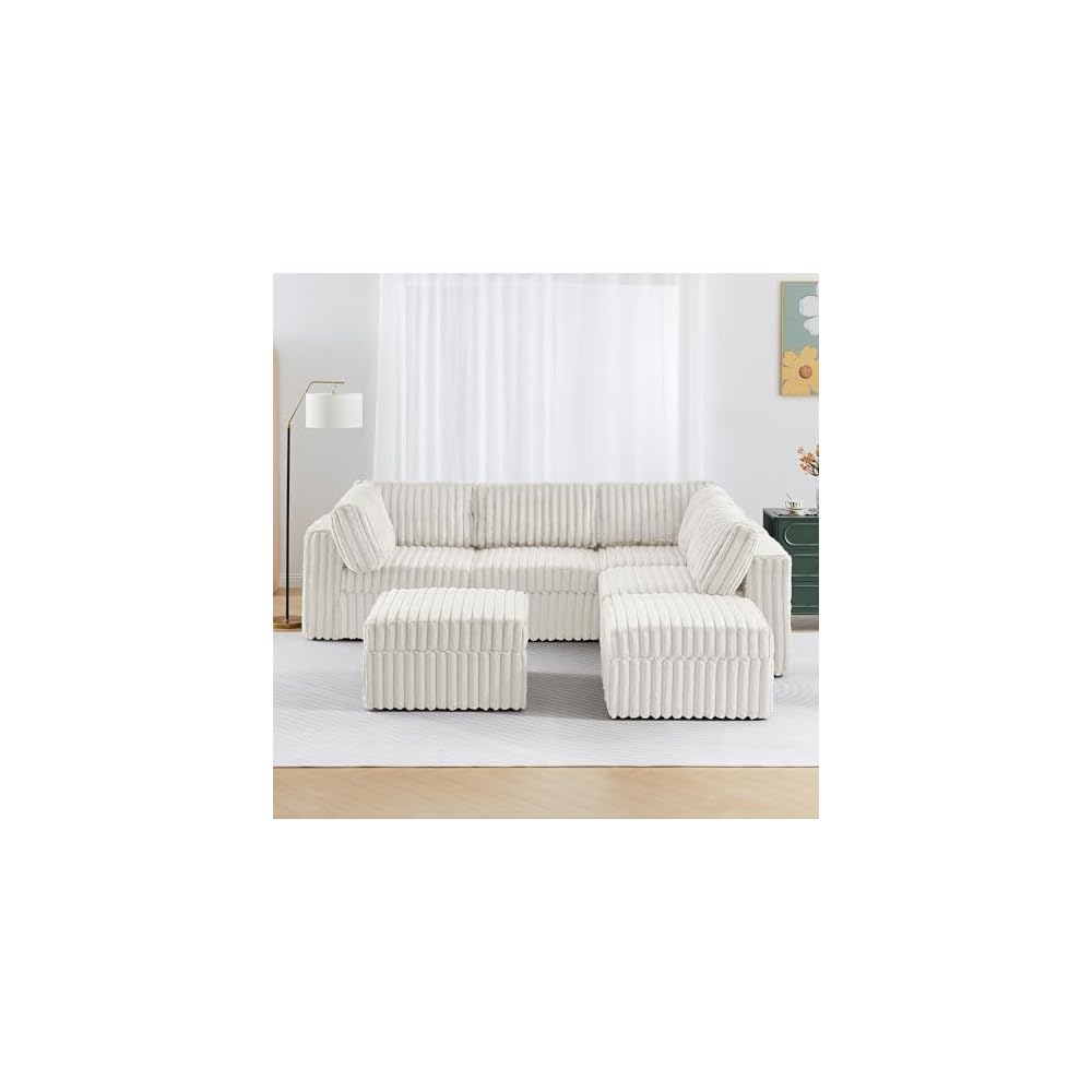Corner Modular Sectional Sofa Set, Plush Faux Rabbit Fur Convertible L Shaped Couch with Storage, 6 Seater Corduroy Sofa Modular with Ottomans and Reversible Chaise for Living Room, Office (White)