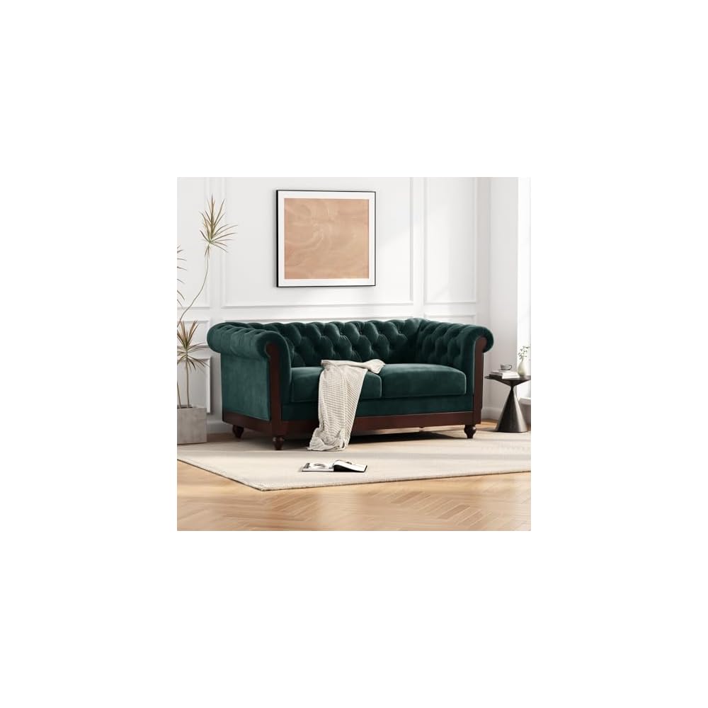 Forest Green Velvet Loveseat Sofa, Chesterfield Rolled Arm Tufted Couch with Sturdy Pine Frame for Living Room, Bedroom & Small Spaces