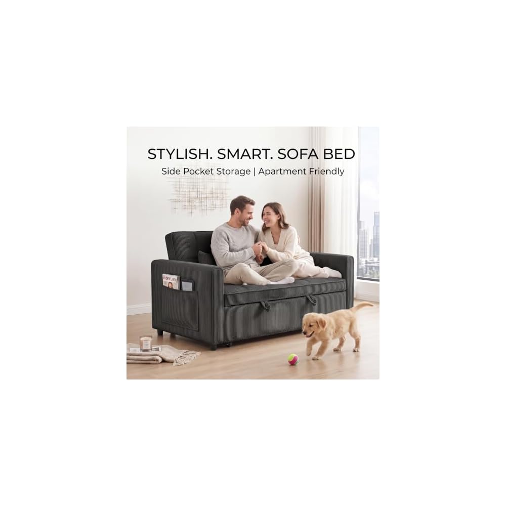 3 in 1 Convertible Sleeper Sofa Bed, 54'' Full Size Velvet Pull Out Futon Couch Recliner with Reclining Backrest & 2 Pillows, Small Loveseat Lounge Couches for Small Spaces (Striped Velvet, Black)