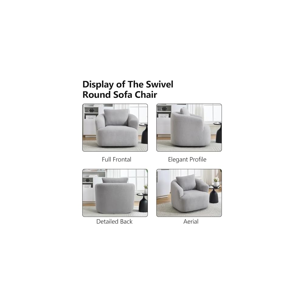 360° Swivel Round Accent Chair with Soft Pillow, Comfy Teddy Fleece Upholstered Barrel Chair, No Assembly Single Sofa for Living Room, Bedroom, Apartment (Light Gray)