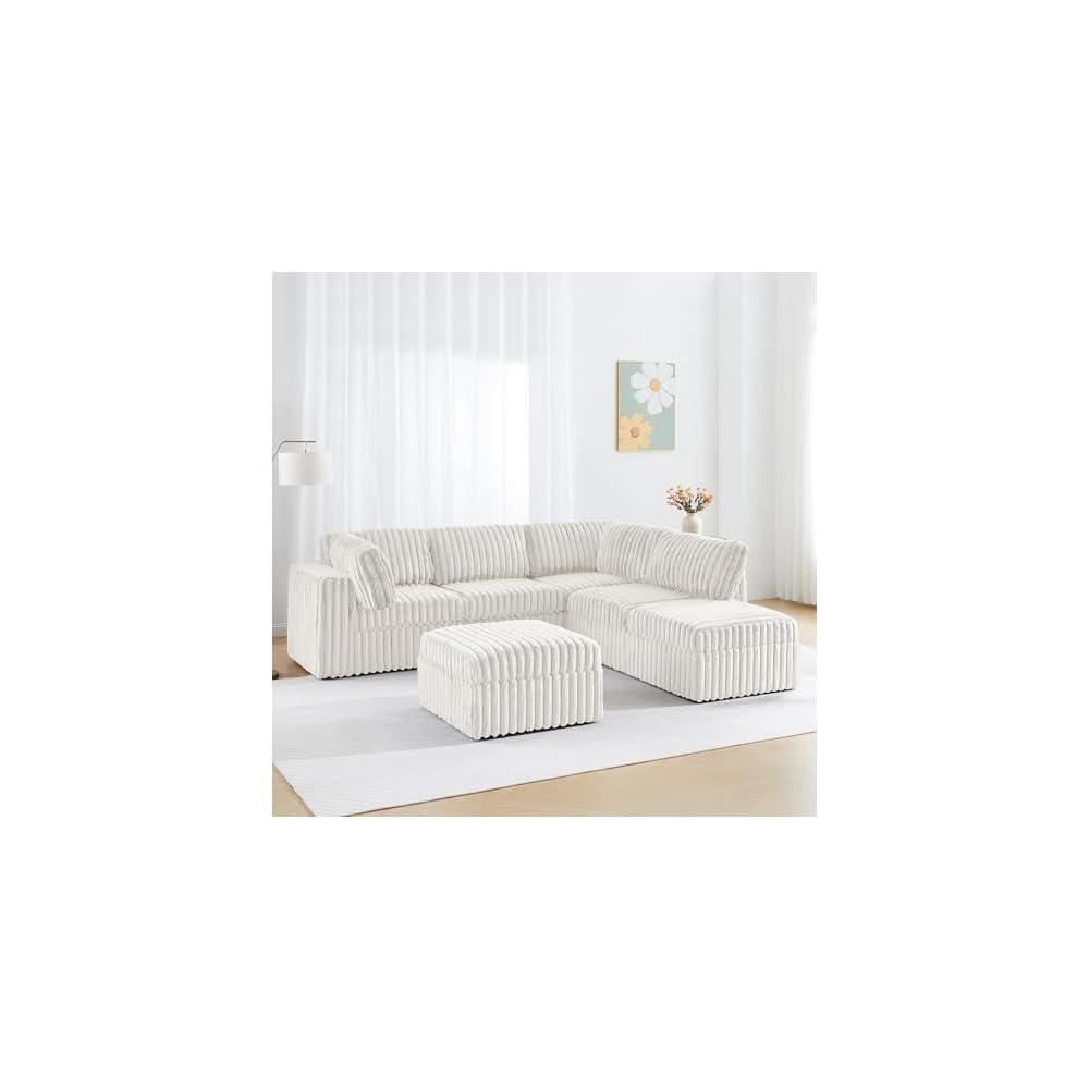 Corner Modular Sectional Sofa Set, Plush Faux Rabbit Fur Convertible L Shaped Couch with Storage, 6 Seater Corduroy Sofa Modular with Ottomans and Reversible Chaise for Living Room, Office (White)