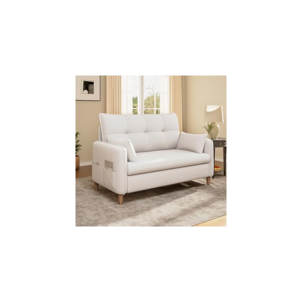 47" Chenille Loveseat Sofa, 2-Seater Couch with 2 Pillows, Off‑White