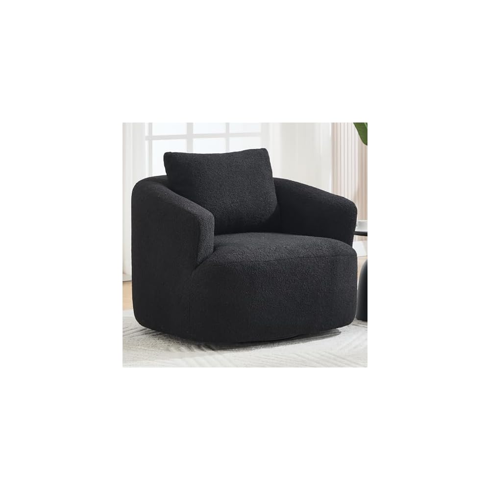 360° Swivel Round Accent Chair with Soft Pillow, Comfy Teddy Fleece Upholstered Barrel Chair, No Assembly Single Sofa for Living Room, Bedroom, Apartment (Light Gray)