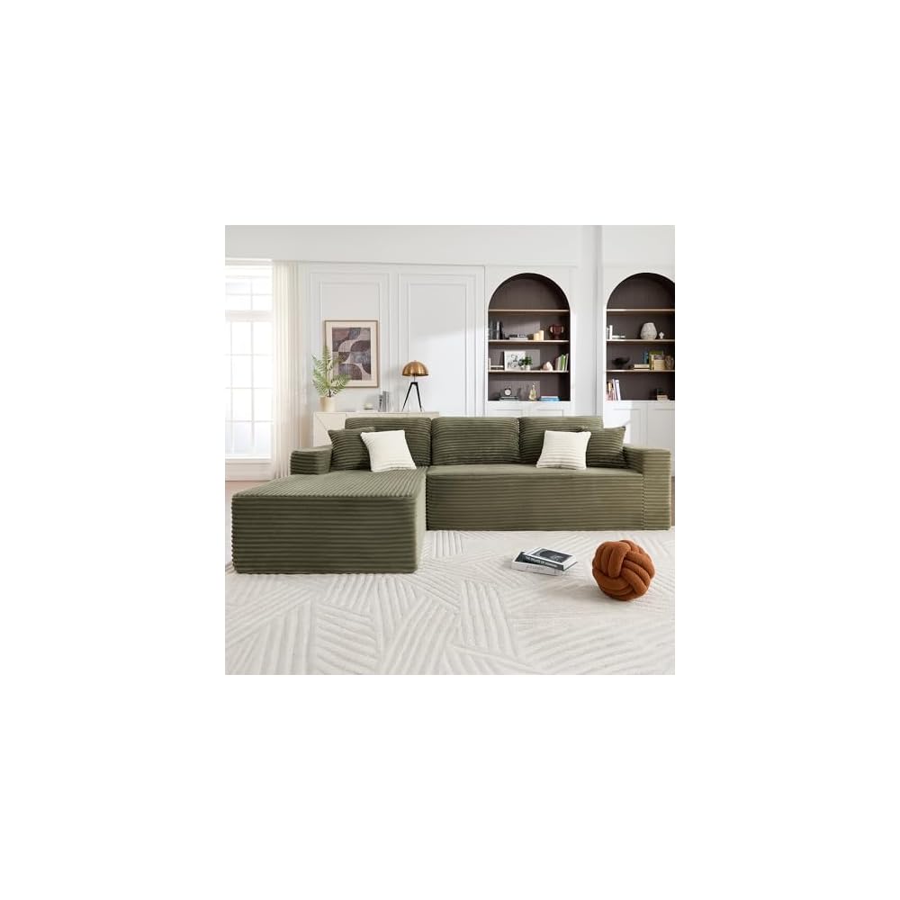 Opiesit 108" Boneless Couches for Living Room, Modular Sectional Sofa with Oversized Chaise, L-Shape Cloud Couch with Deep Seat, High-Density Memory Foam, No Assembly Required, Plush Corduroy Green