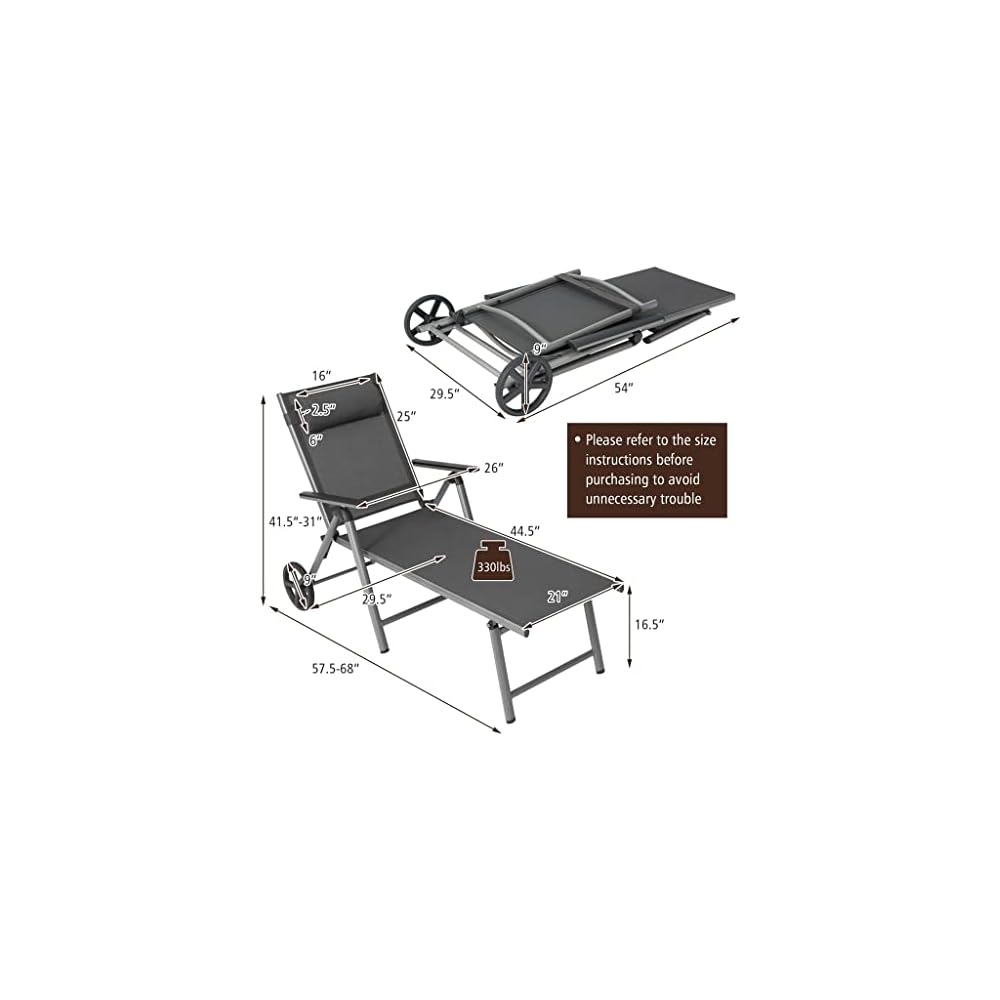 2-Piece Folding Recliner Chair with Aluminum Reclining Backrest and Adjustable Wheels