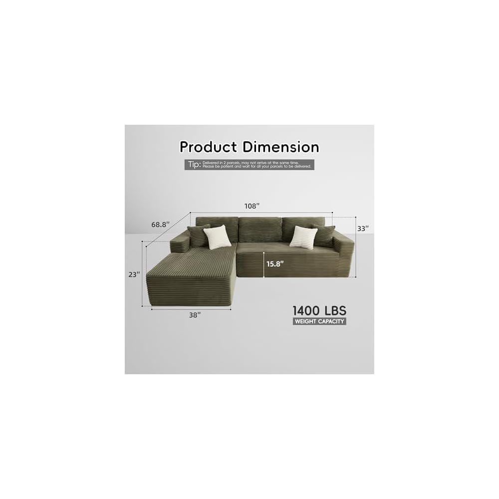 Opiesit 108" Boneless Couches for Living Room, Modular Sectional Sofa with Oversized Chaise, L-Shape Cloud Couch with Deep Seat, High-Density Memory Foam, No Assembly Required, Plush Corduroy Green