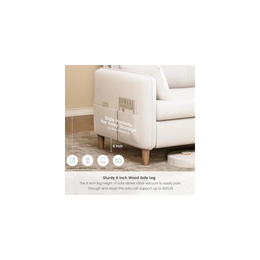 47" Chenille Loveseat Sofa, 2-Seater Couch with 2 Pillows, Off‑White