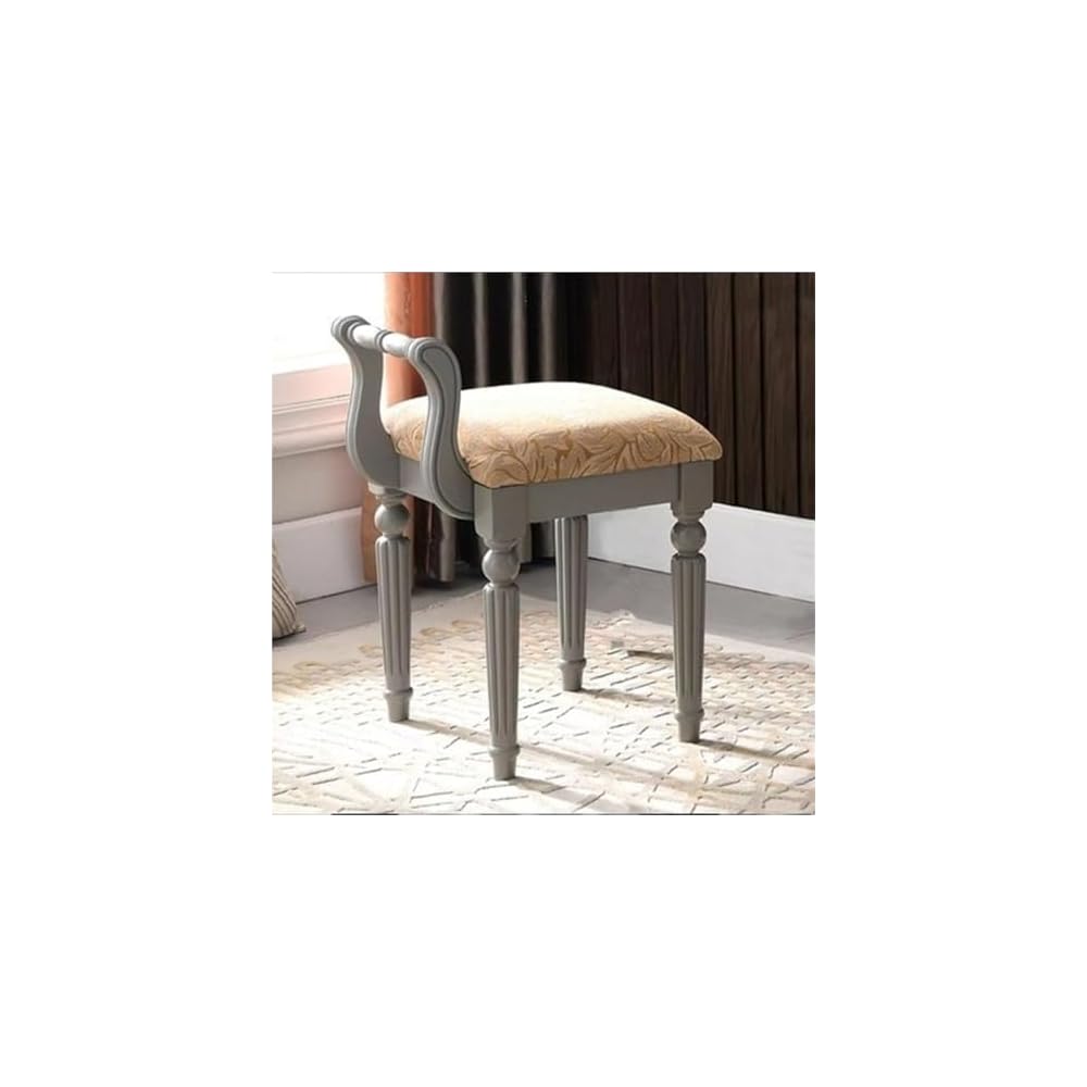 Vintage Solid Wood Makeup Vanity Chair with Back | Compact Accent Stool for Small Spaces | Stylish Living Room Space Saver (Brown)