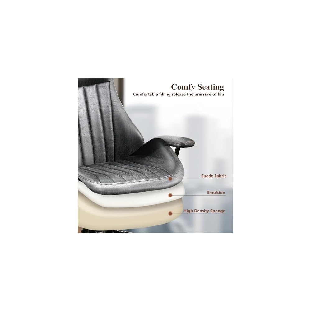 Mid Century Modren Office Chair - Fuax Leather Suede Brown Executive Chairs Ergonomic Mid Back with Lumbar Support, Swivel Computer Desk Task Chair with Wheels for Home Office (Grey, Hign Back)
