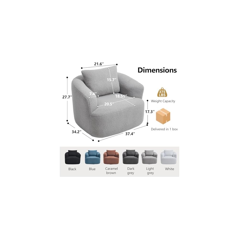 360° Swivel Round Accent Chair with Soft Pillow, Comfy Teddy Fleece Upholstered Barrel Chair, No Assembly Single Sofa for Living Room, Bedroom, Apartment (Light Gray)