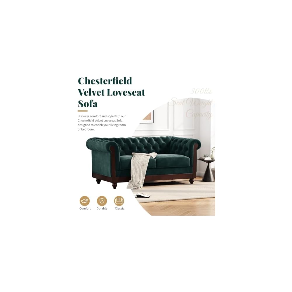 Forest Green Velvet Loveseat Sofa, Chesterfield Rolled Arm Tufted Couch with Sturdy Pine Frame for Living Room, Bedroom & Small Spaces