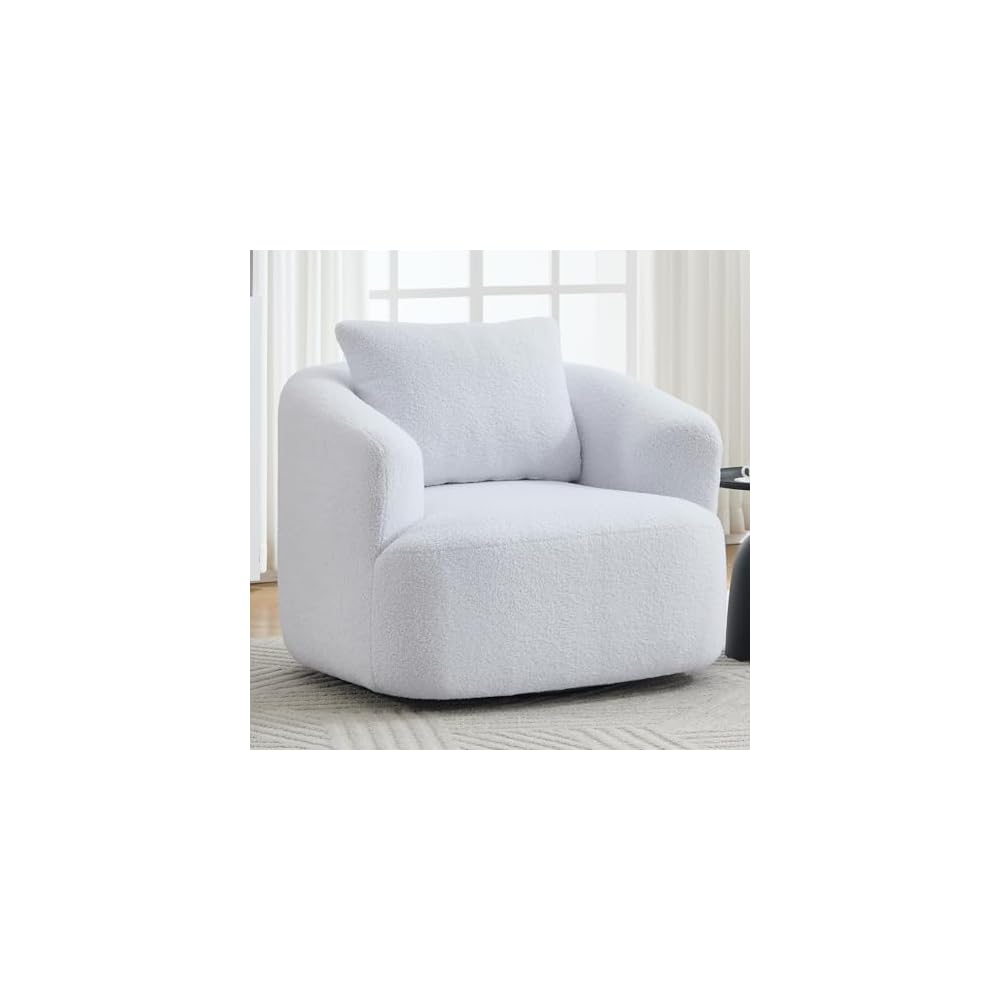 360° Swivel Round Accent Chair with Soft Pillow, Comfy Teddy Fleece Upholstered Barrel Chair, No Assembly Single Sofa for Living Room, Bedroom, Apartment (Light Gray)