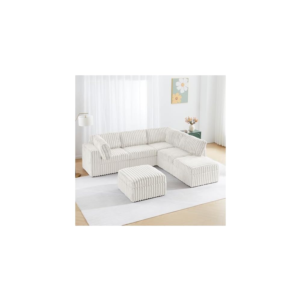 Corner Modular Sectional Sofa Set, Plush Faux Rabbit Fur Convertible L Shaped Couch with Storage, 6 Seater Corduroy Sofa Modular with Ottomans and Reversible Chaise for Living Room, Office (White)