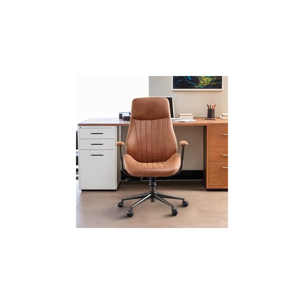 Mid Century Modren Office Chair - Fuax Leather Suede Brown Executive Chairs Ergonomic Mid Back with Lumbar Support, Swivel Computer Desk Task Chair with Wheels for Home Office (Grey, Hign Back)