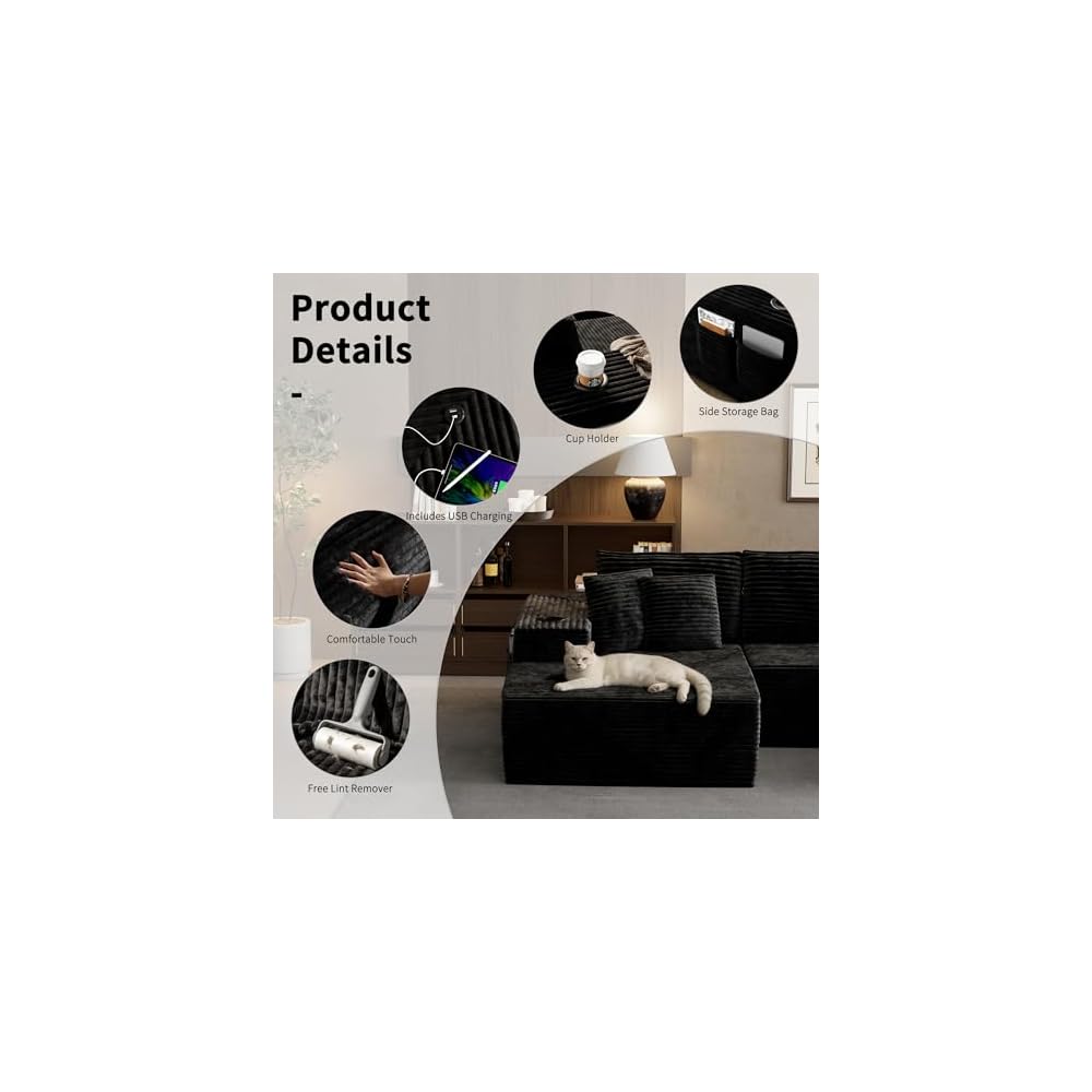 104.3'' L-Shape Cloud Sectional Couch, Modular Sectional Sofa with Side Pocket, Cup Holder&USB Port, Couch for Living Room Bedroom with Deep Seat, Plush Corduroy Fabric, No Assembly, Black