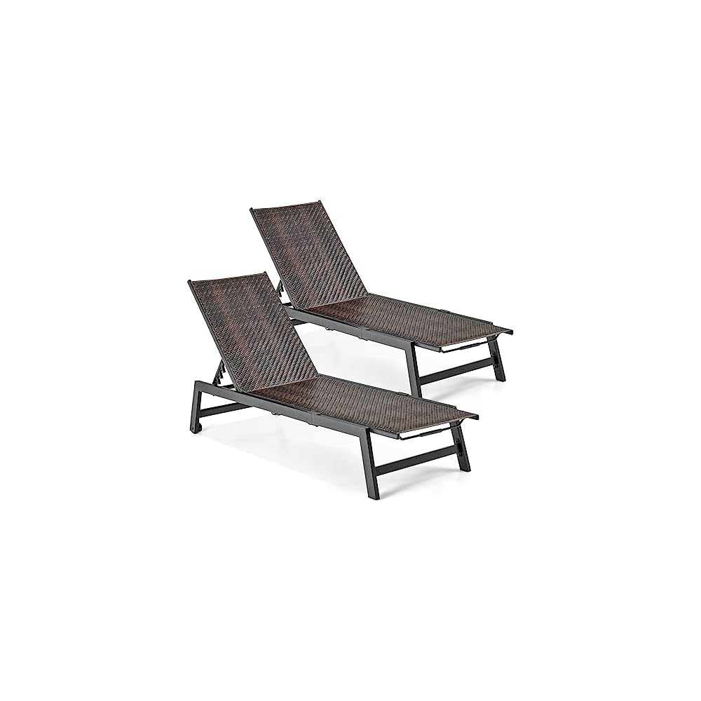 GIANTEX Patio Chaise Lounge Chair - Outdoor PE Rattan Recliner Chair with Wheels, 5-Position Adjustable Backrest, Steel Frame, Wicker Tanning Chair for Deck, Poolside, Yard, Beach Sunbathing Chair(1)