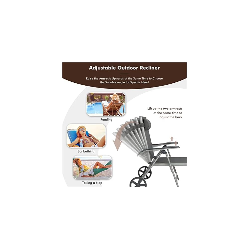 2-Piece Folding Recliner Chair with Aluminum Reclining Backrest and Adjustable Wheels