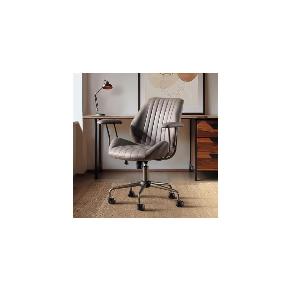 Mid Century Modren Office Chair - Fuax Leather Suede Brown Executive Chairs Ergonomic Mid Back with Lumbar Support, Swivel Computer Desk Task Chair with Wheels for Home Office (Grey, Hign Back)
