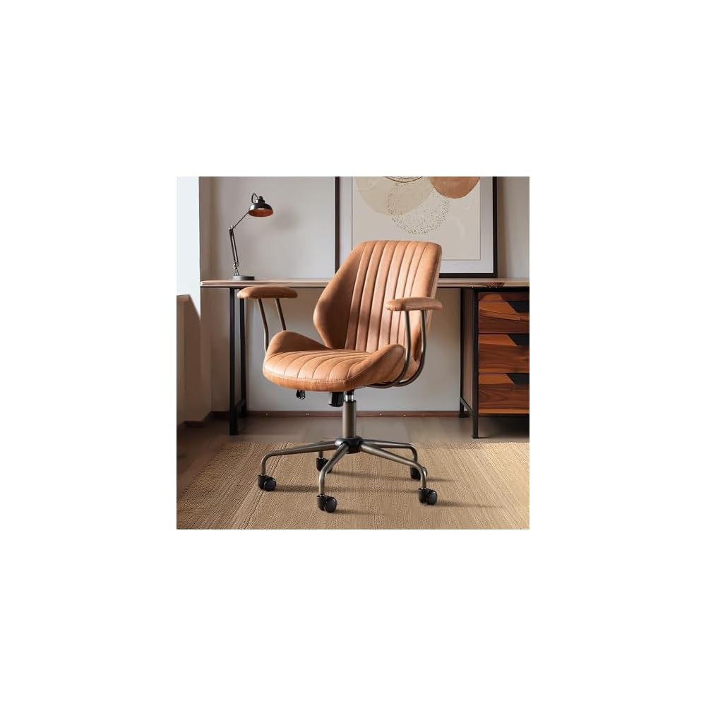 Mid Century Modren Office Chair - Fuax Leather Suede Brown Executive Chairs Ergonomic Mid Back with Lumbar Support, Swivel Computer Desk Task Chair with Wheels for Home Office (Grey, Hign Back)