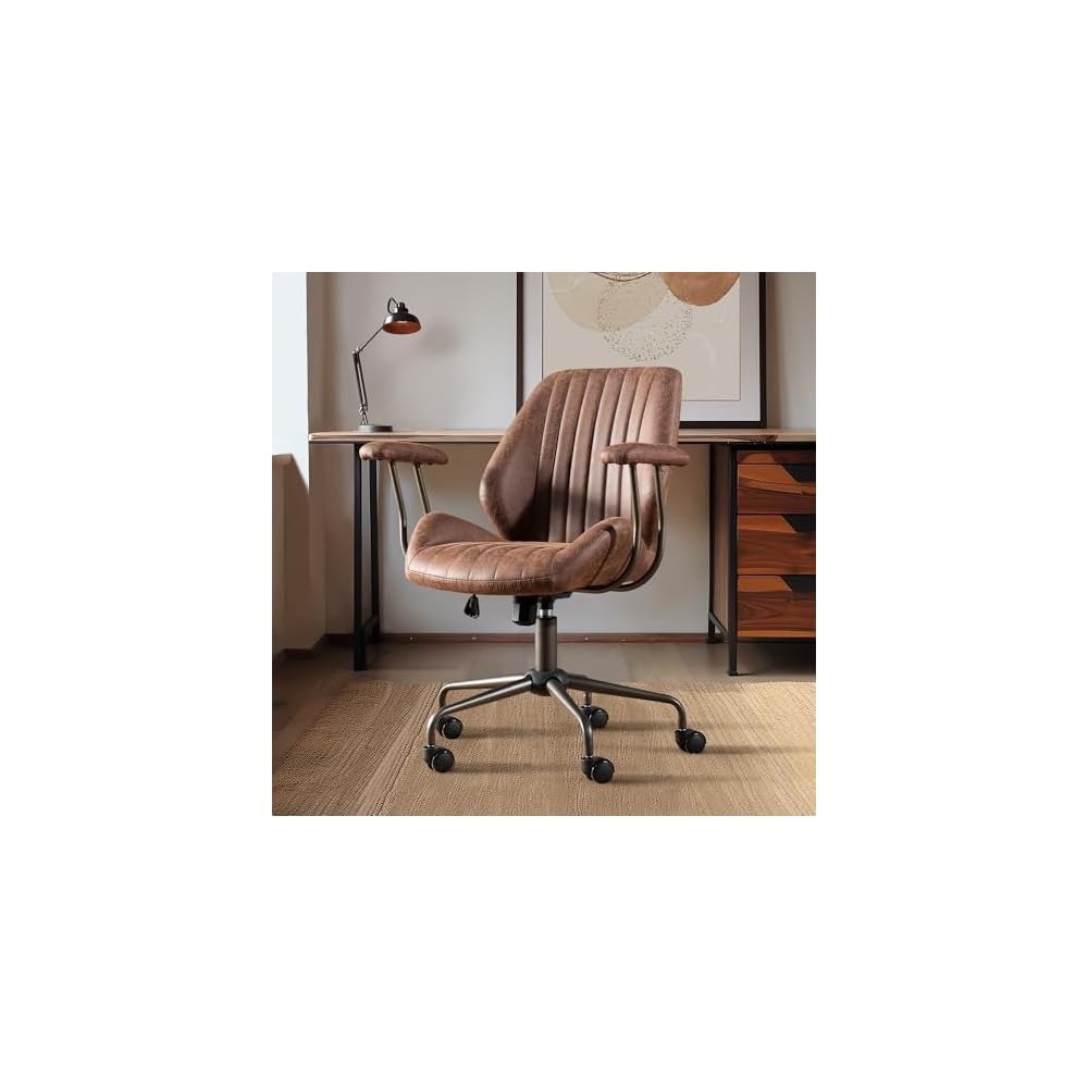 Mid Century Modren Office Chair - Fuax Leather Suede Brown Executive Chairs Ergonomic Mid Back with Lumbar Support, Swivel Computer Desk Task Chair with Wheels for Home Office (Grey, Hign Back)