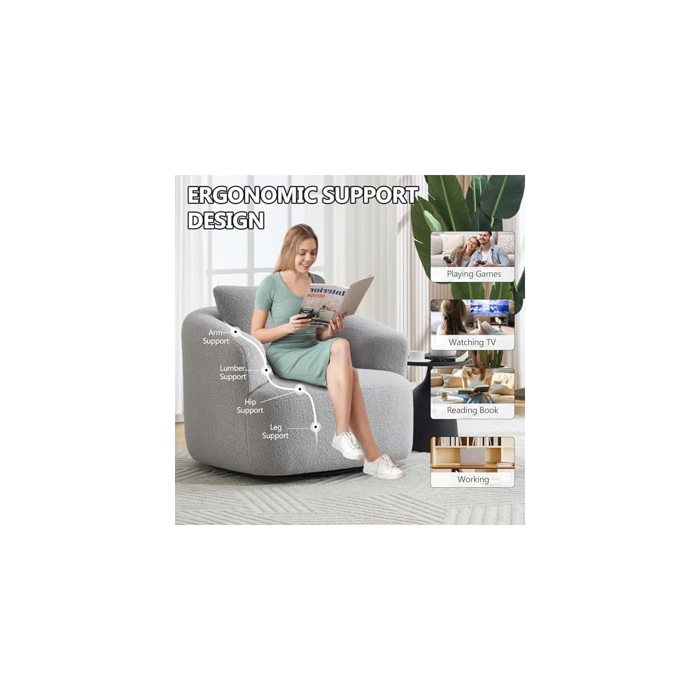 360° Swivel Round Accent Chair with Soft Pillow, Comfy Teddy Fleece Upholstered Barrel Chair, No Assembly Single Sofa for Living Room, Bedroom, Apartment (Light Gray)