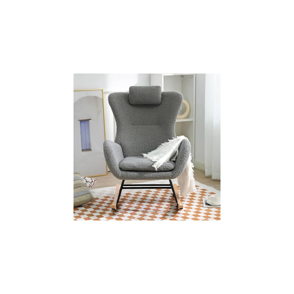 Rocking Chair Upholstered Glider Rocker Rocking Accent Chair Modern Lazy Chair Ergonomic Design 220 LBS Load Capacity Armchair Comfy Side Chair for Living Room Bedroom Gray