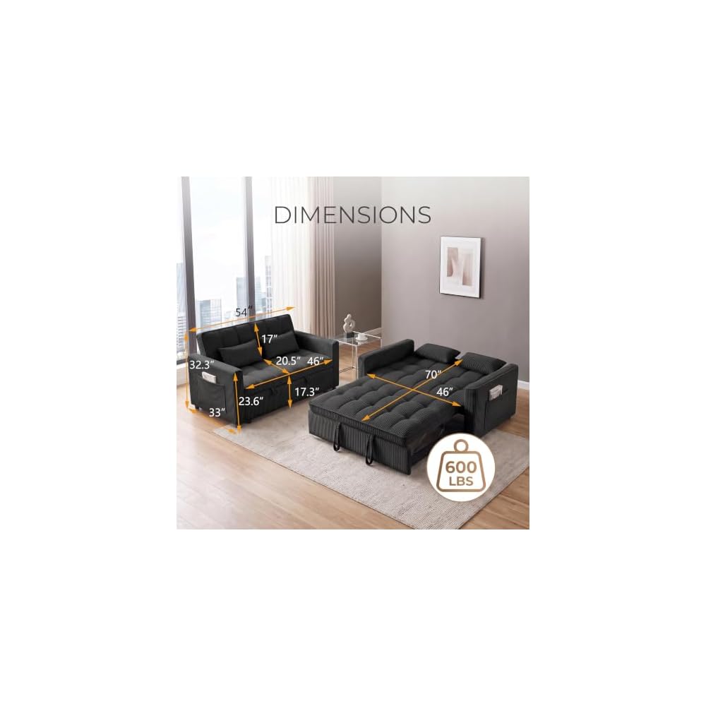 3 in 1 Convertible Sleeper Sofa Bed, 54'' Full Size Velvet Pull Out Futon Couch Recliner with Reclining Backrest & 2 Pillows, Small Loveseat Lounge Couches for Small Spaces (Striped Velvet, Black)