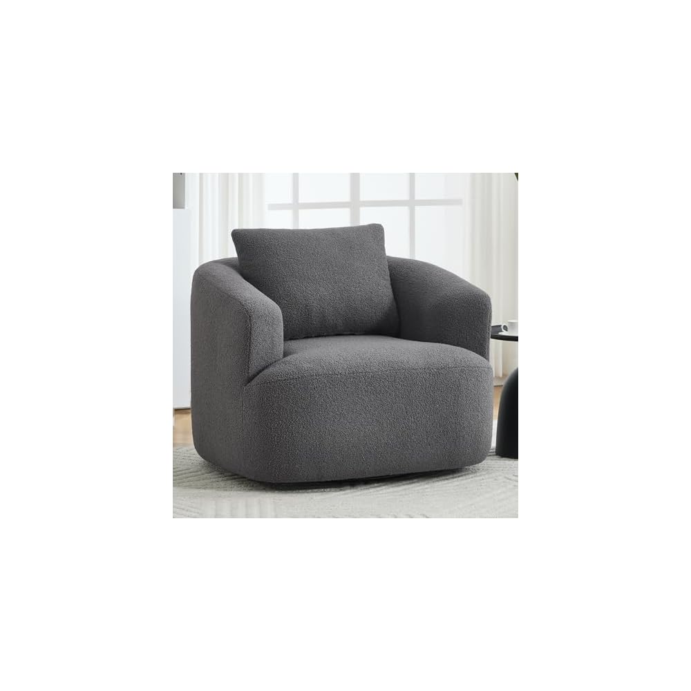 360° Swivel Round Accent Chair with Soft Pillow, Comfy Teddy Fleece Upholstered Barrel Chair, No Assembly Single Sofa for Living Room, Bedroom, Apartment (Light Gray)