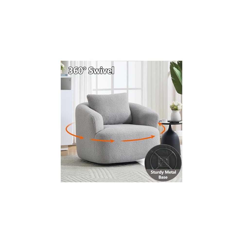 360° Swivel Round Accent Chair with Soft Pillow, Comfy Teddy Fleece Upholstered Barrel Chair, No Assembly Single Sofa for Living Room, Bedroom, Apartment (Light Gray)