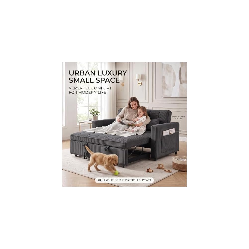 3 in 1 Convertible Sleeper Sofa Bed, 54'' Full Size Velvet Pull Out Futon Couch Recliner with Reclining Backrest & 2 Pillows, Small Loveseat Lounge Couches for Small Spaces (Striped Velvet, Black)