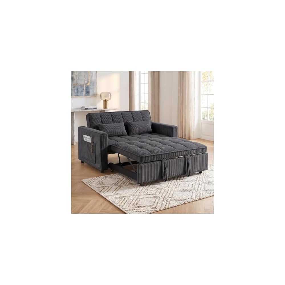 3 in 1 Convertible Sleeper Sofa Bed, 54'' Full Size Velvet Pull Out Futon Couch Recliner with Reclining Backrest & 2 Pillows, Small Loveseat Lounge Couches for Small Spaces (Striped Velvet, Black)