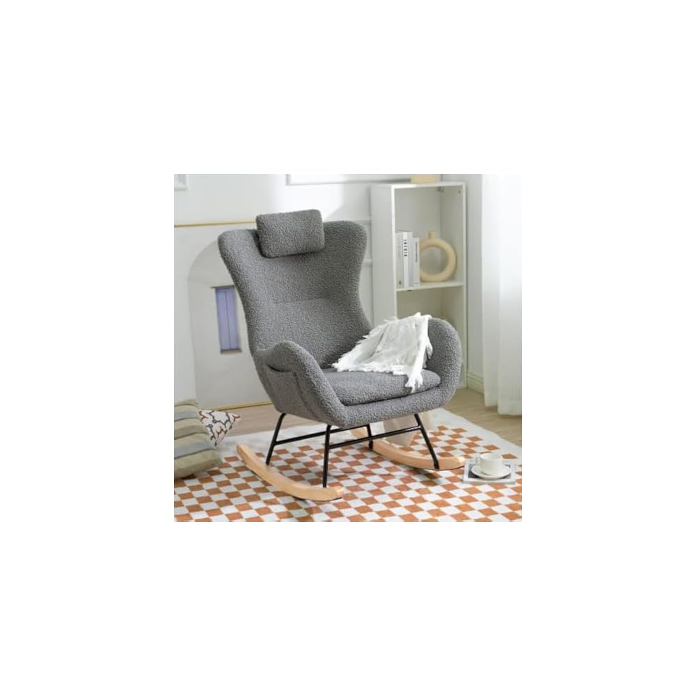 Rocking Chair Upholstered Glider Rocker Rocking Accent Chair Modern Lazy Chair Ergonomic Design 220 LBS Load Capacity Armchair Comfy Side Chair for Living Room Bedroom Gray