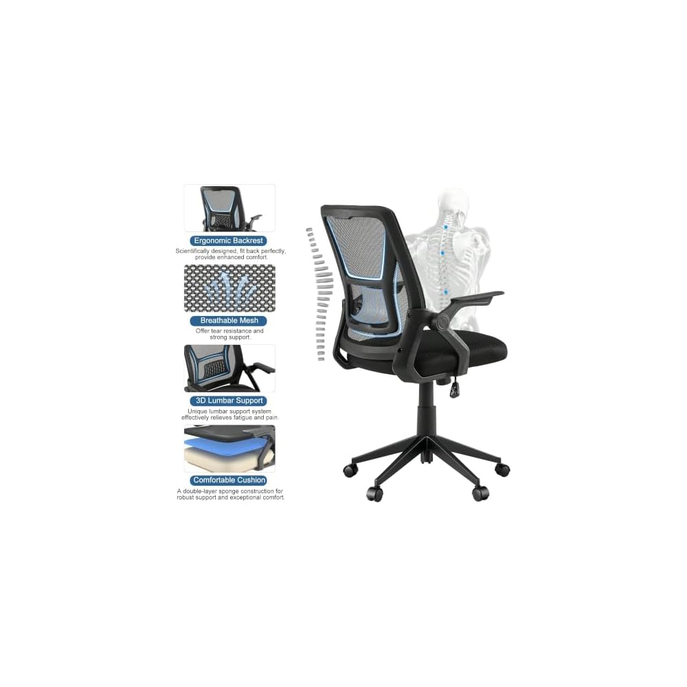 Suitable for Ergonomic Mid-Back Swivel Office Chair with Adjustable Armrests & Mesh Lumbar Support - Ideal for Computer Tasks, Black
