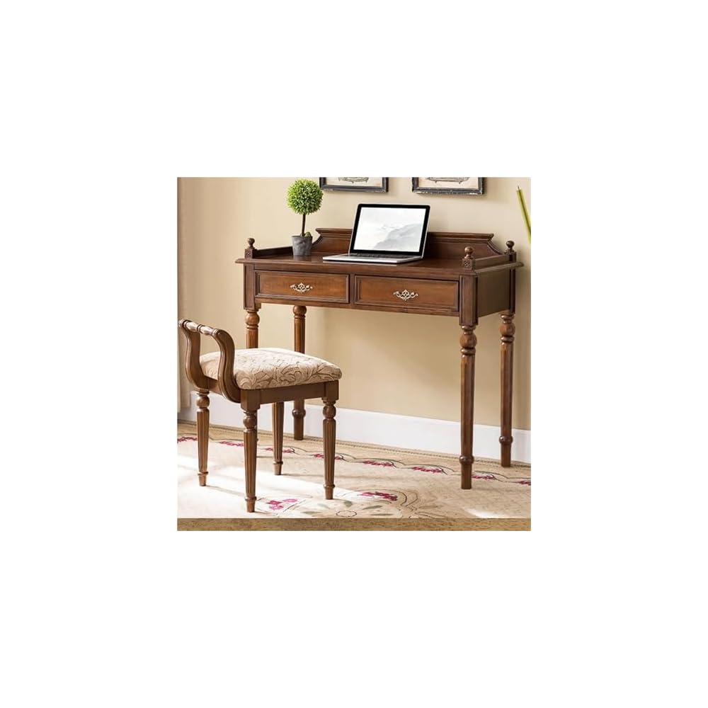 Vintage Solid Wood Makeup Vanity Chair with Back | Compact Accent Stool for Small Spaces | Stylish Living Room Space Saver (Brown)