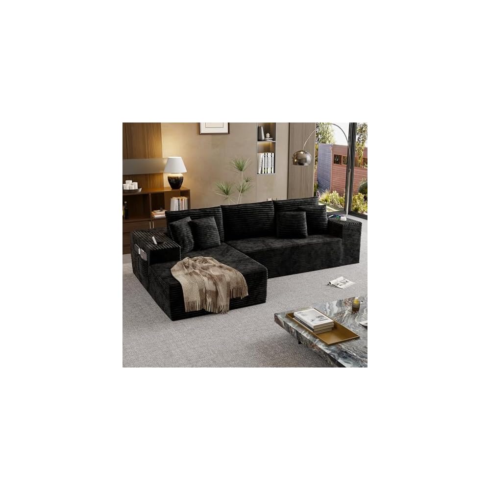 104.3'' L-Shape Cloud Sectional Couch, Modular Sectional Sofa with Side Pocket, Cup Holder&USB Port, Couch for Living Room Bedroom with Deep Seat, Plush Corduroy Fabric, No Assembly, Black