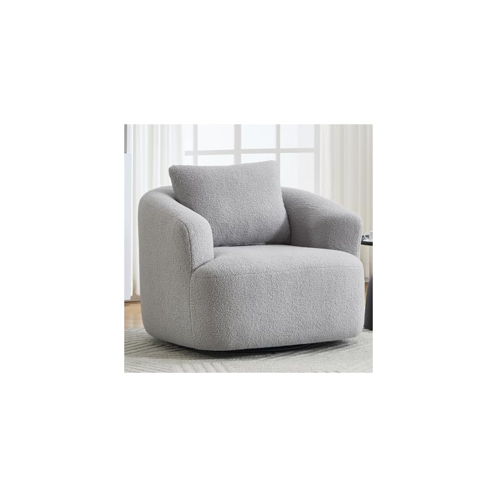 360° Swivel Round Accent Chair with Soft Pillow, Comfy Teddy Fleece Upholstered Barrel Chair, No Assembly Single Sofa for Living Room, Bedroom, Apartment (Light Gray)