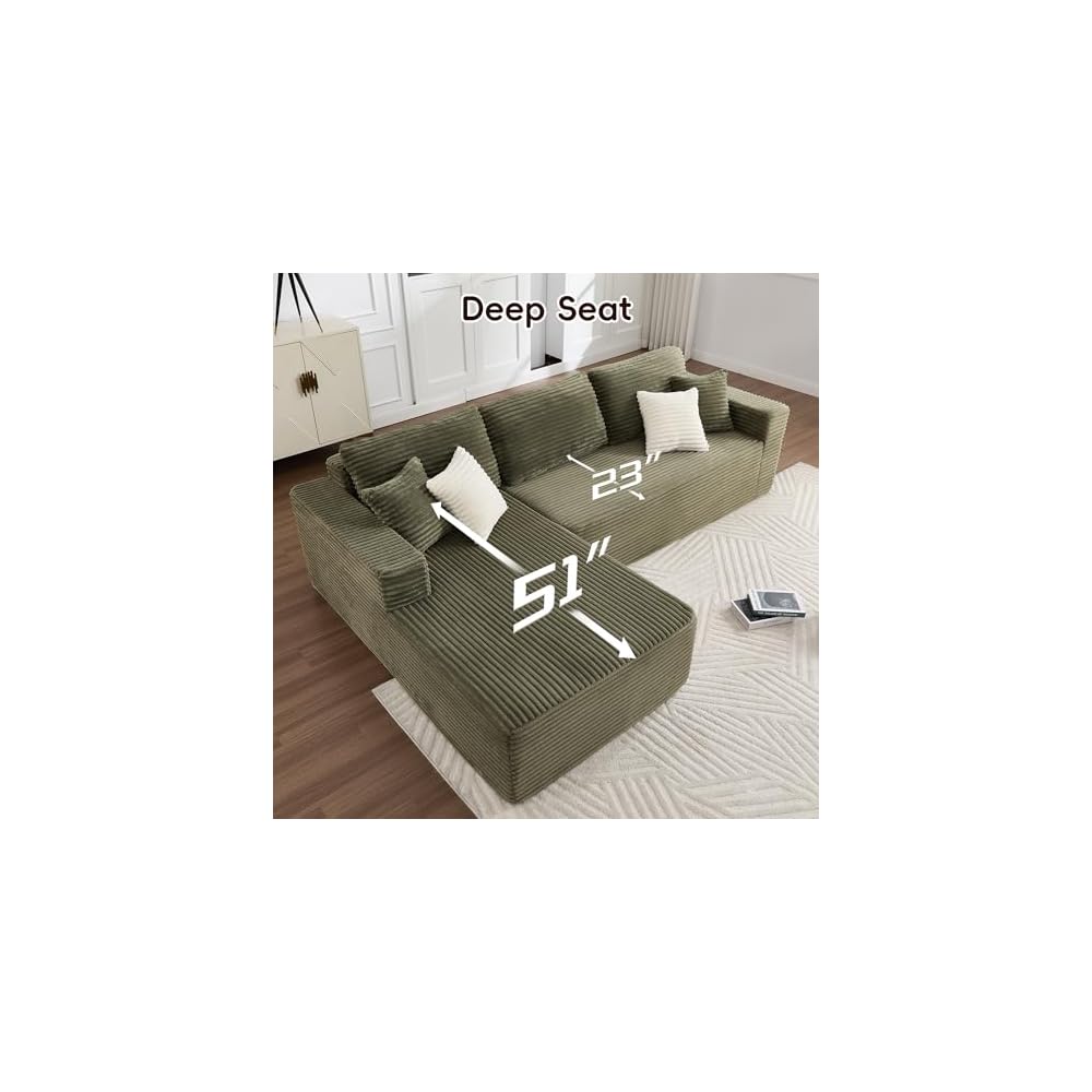 Opiesit 108" Boneless Couches for Living Room, Modular Sectional Sofa with Oversized Chaise, L-Shape Cloud Couch with Deep Seat, High-Density Memory Foam, No Assembly Required, Plush Corduroy Green