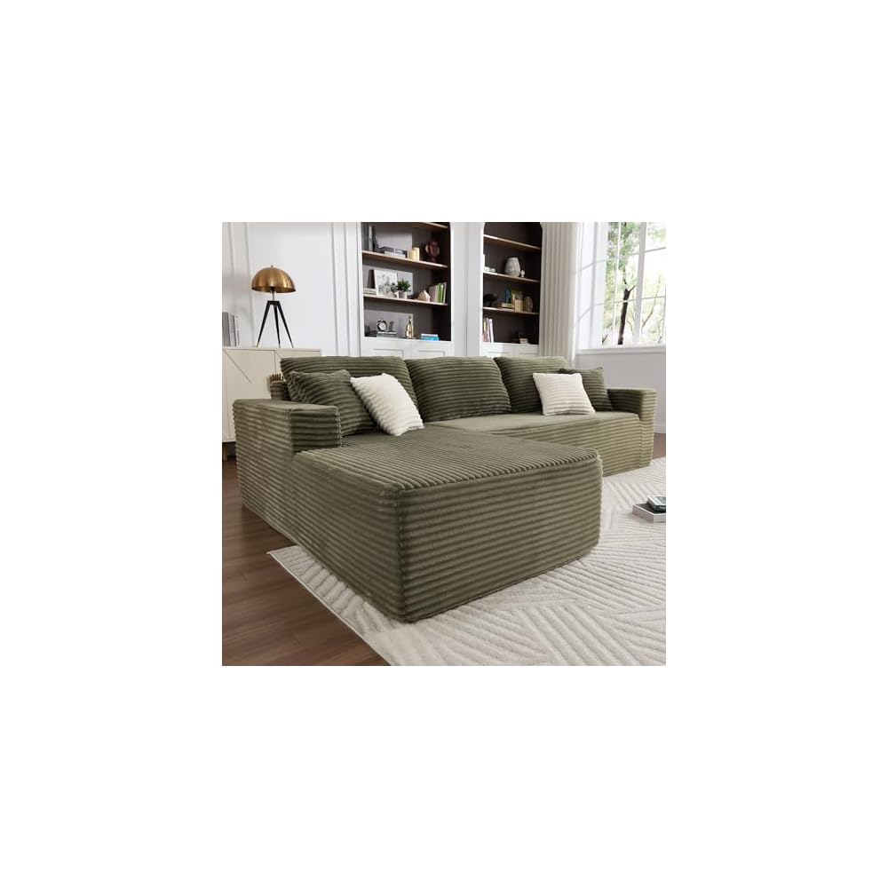 Opiesit 108" Boneless Couches for Living Room, Modular Sectional Sofa with Oversized Chaise, L-Shape Cloud Couch with Deep Seat, High-Density Memory Foam, No Assembly Required, Plush Corduroy Green