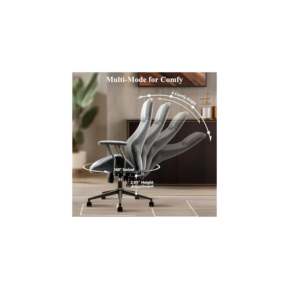 Mid Century Modren Office Chair - Fuax Leather Suede Brown Executive Chairs Ergonomic Mid Back with Lumbar Support, Swivel Computer Desk Task Chair with Wheels for Home Office (Grey, Hign Back)