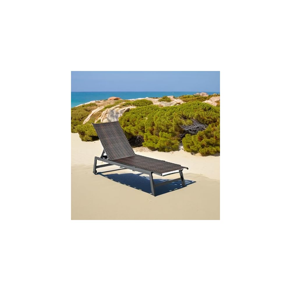 GIANTEX Patio Chaise Lounge Chair - Outdoor PE Rattan Recliner Chair with Wheels, 5-Position Adjustable Backrest, Steel Frame, Wicker Tanning Chair for Deck, Poolside, Yard, Beach Sunbathing Chair(1)