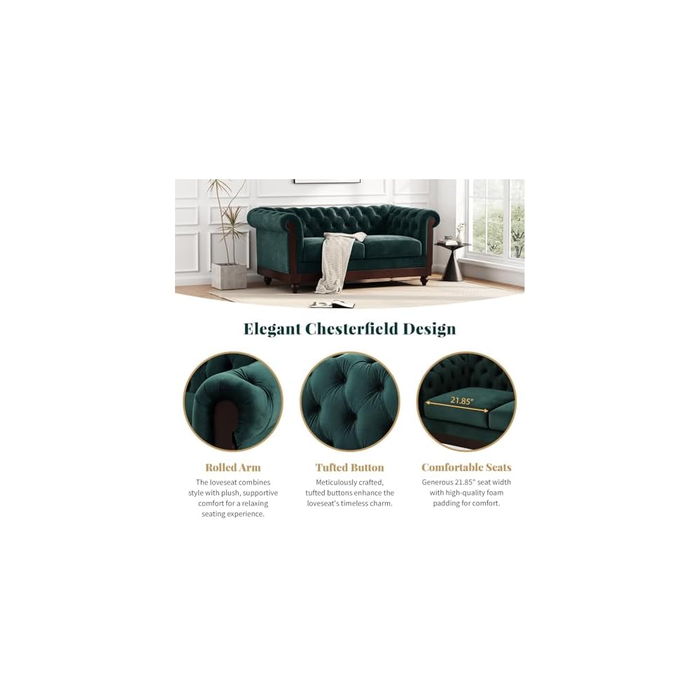 Forest Green Velvet Loveseat Sofa, Chesterfield Rolled Arm Tufted Couch with Sturdy Pine Frame for Living Room, Bedroom & Small Spaces