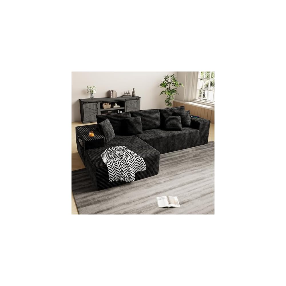 104.3'' L-Shape Cloud Sectional Couch, Modular Sectional Sofa with Side Pocket, Cup Holder&USB Port, Couch for Living Room Bedroom with Deep Seat, Plush Corduroy Fabric, No Assembly, Black